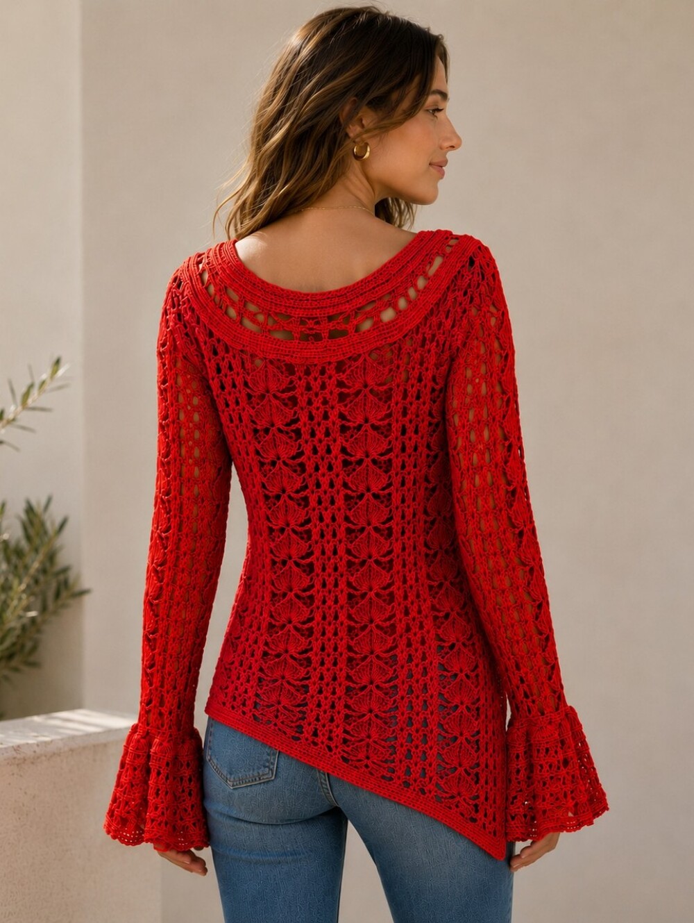 NWT Boho Embossed Crochet Assymetrical Cover-Up/Tunic With Bell Bottom Sleeves - Picture 4 of 8
